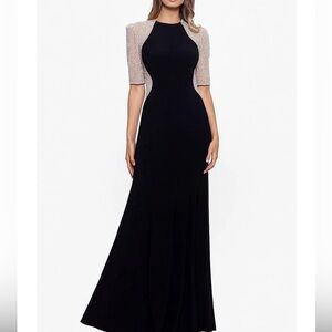 Xscape Caviar Beaded Mesh Short Sleeve Jersey Sheath Gown - Sz 8 - ONE FLAW